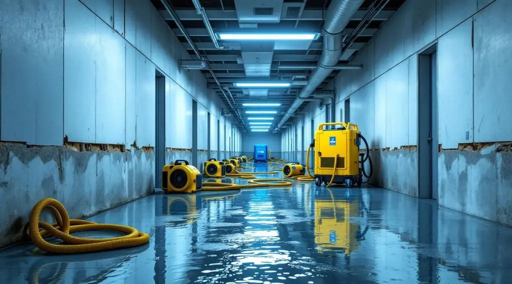 Professional restoration crew using industrial water extraction equipment in a Spokane Valley office building lobby.