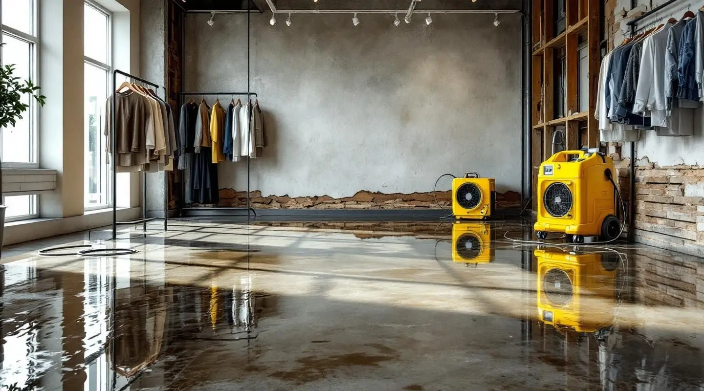 Wilson Restoration technicians using industrial water extractors and air movers inside a flooded Spokane Valley retail store to perform commercial water extraction and moisture mapping for inventory salvage.