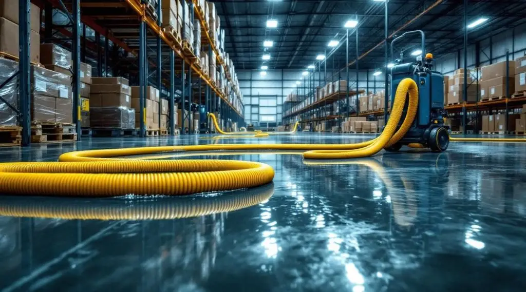 Industrial truck-mounted water extraction unit in a large Spokane Valley warehouse with technicians managing hoses on a wet floor.