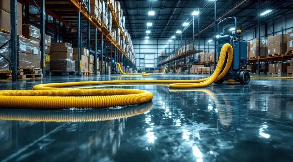 Industrial truck-mounted water extraction unit in a large Spokane Valley warehouse with technicians managing hoses on a wet floor.