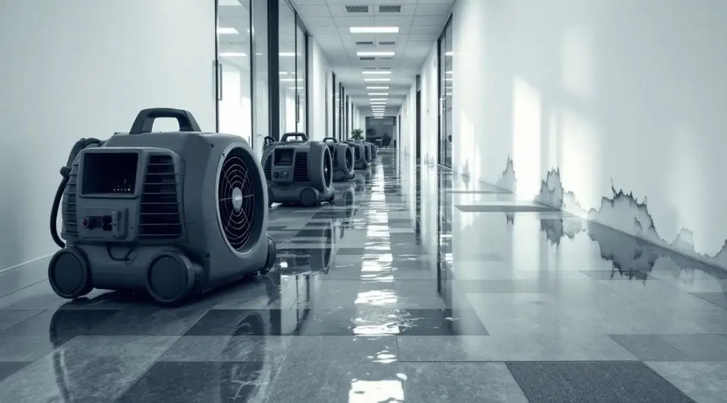 Professional restoration technicians using industrial air movers and dehumidifiers in a flooded Spokane Valley office building.