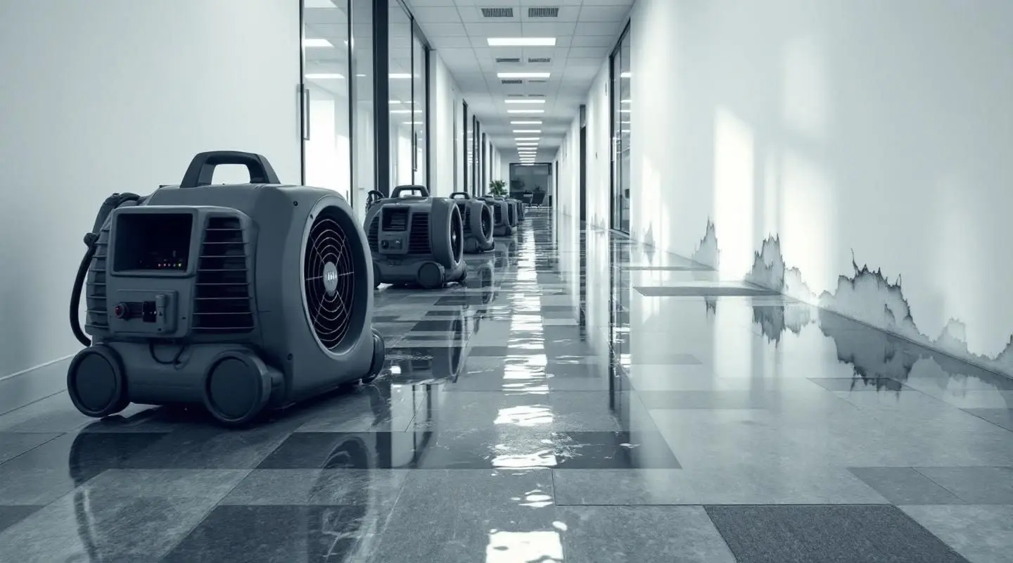 Professional restoration technicians using industrial air movers and dehumidifiers in a flooded Spokane Valley office building.