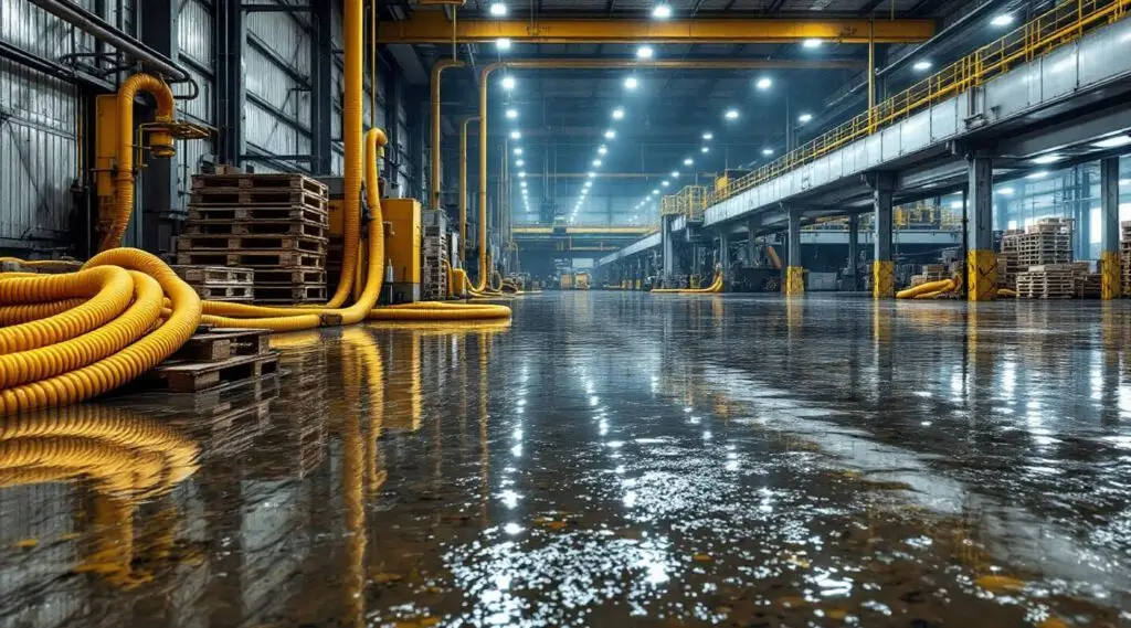 Restoration technicians operating industrial-grade water pumps in a flooded Spokane Valley manufacturing plant.