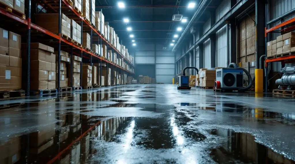 Industrial water extraction technicians using heavy-duty equipment in a large Spokane Valley warehouse facility.