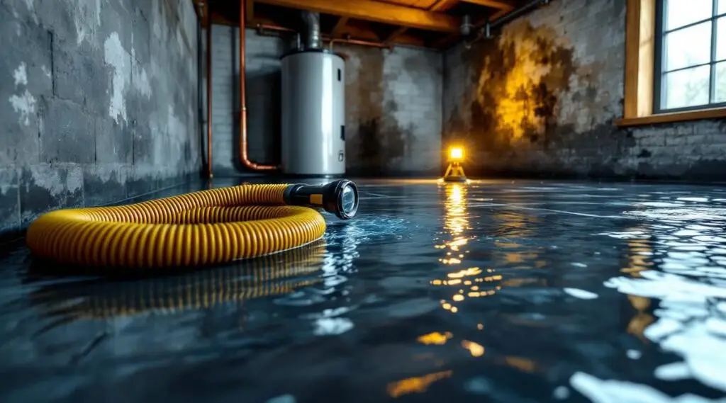 Restoration professional using high-powered water extraction equipment in a Spokane Valley basement after a winter pipe burst.