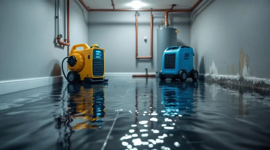 Restoration technician in Spokane Valley using a professional water extractor on a flooded residential hardwood floor.