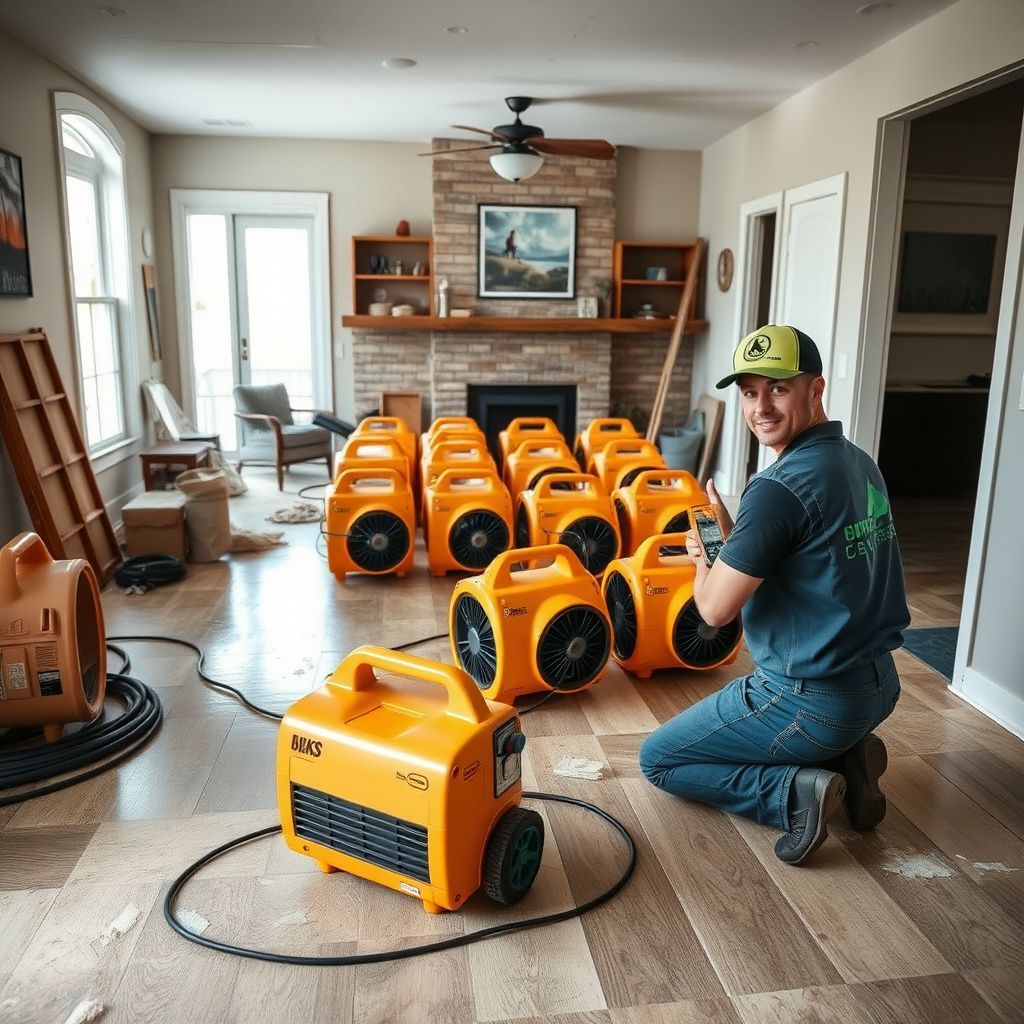 A technician using a thermal imaging camera to detect hidden moisture behind a wall in a Newman Lake home.