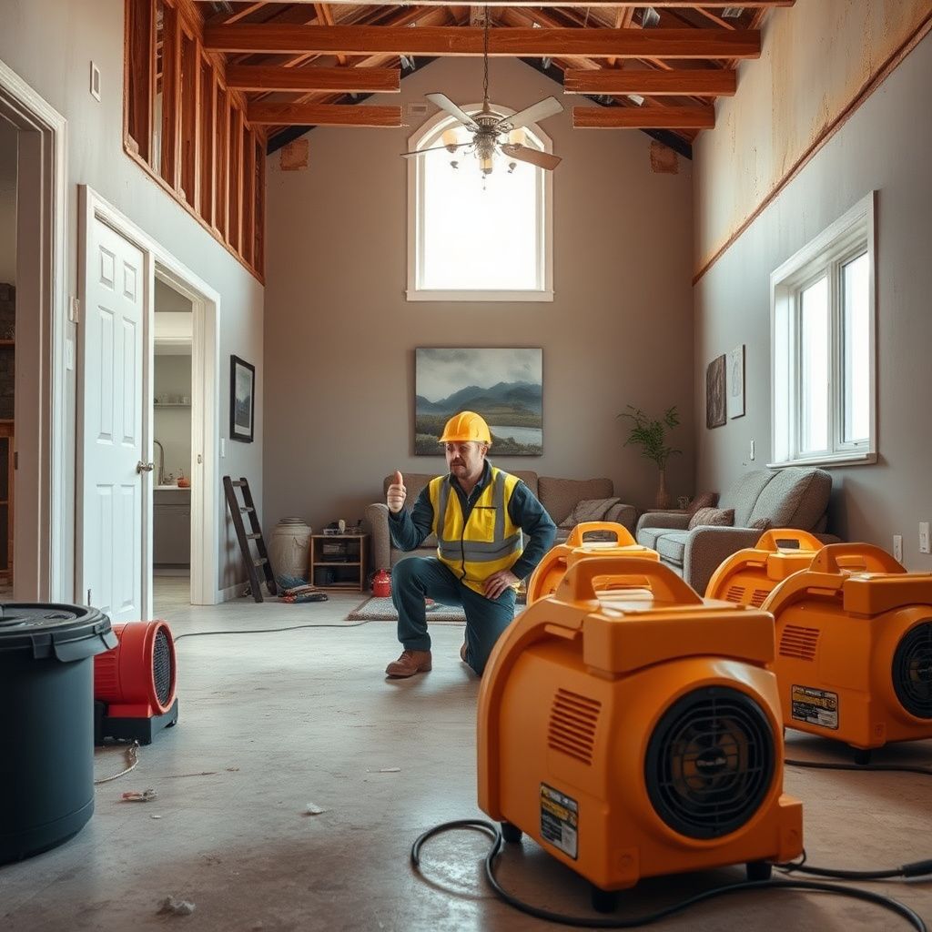 A close-up of a professional dehumidifier and air mover setup inside a Cheney basement, showing efficient structural drying in progress.